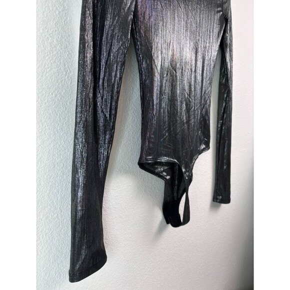 Alix NYC women's XS Irving Lamé Bodysuit sliver metallic plunge neck long sleeve - Picture 6 of 8